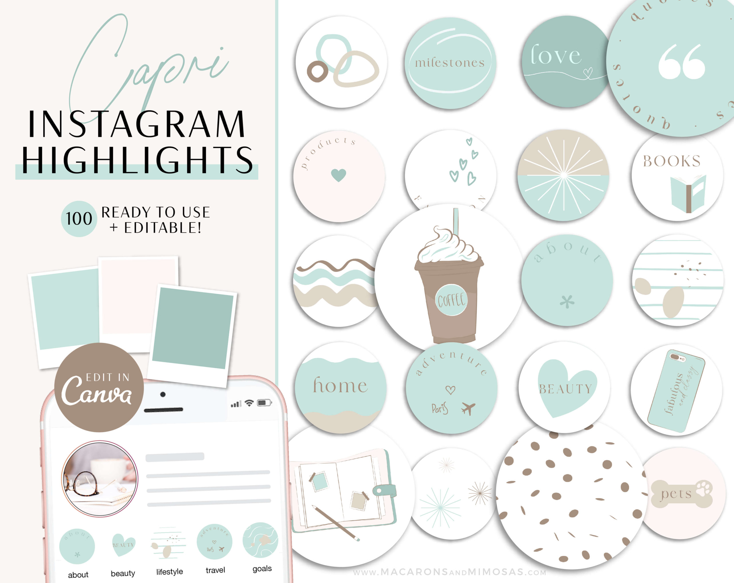 Green Instagram Highlight Covers, Covers for Instagram Stories, Boho Abstract IG Highlight Covers, Canva Instagram Highlight Icons Pack