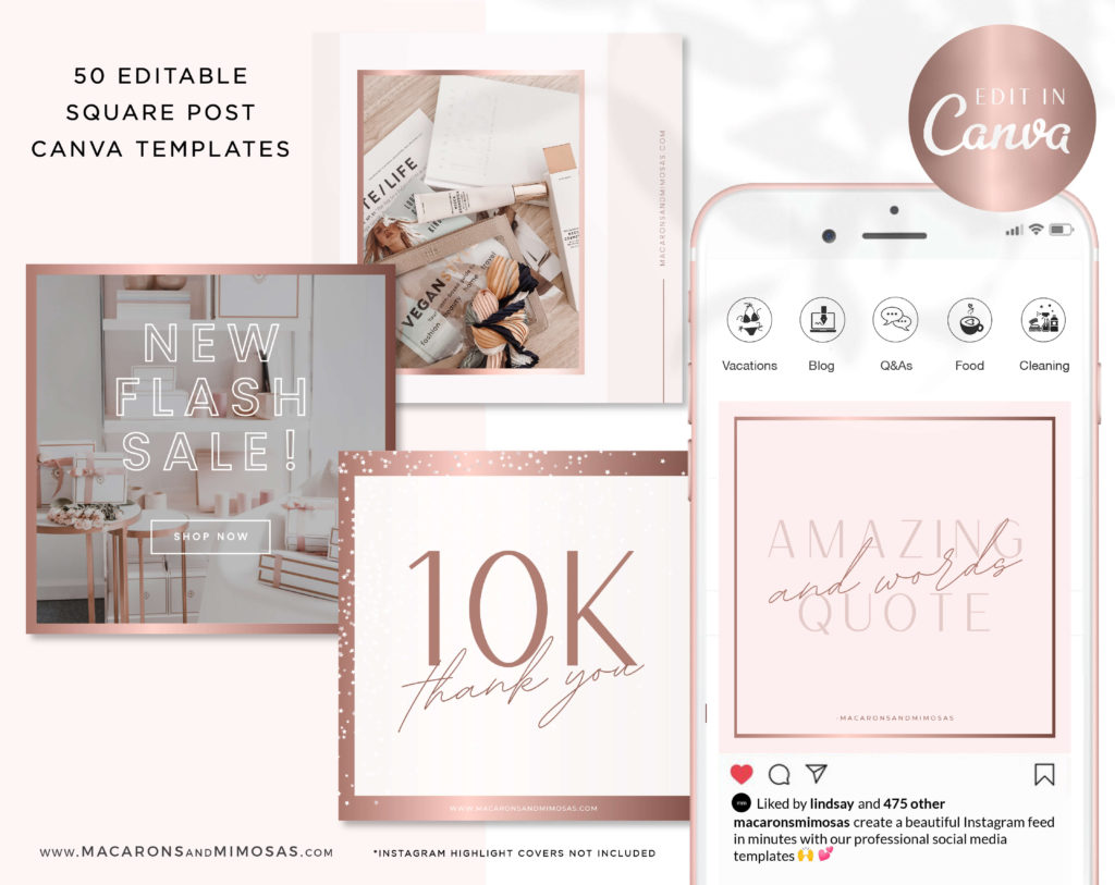 Rose Gold instagram templates Canva • Macarons and Mimosas