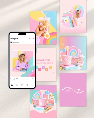Bright Fun Cute Rainbow Pastel Instagram Template bundle for Posts, Stories and Reels