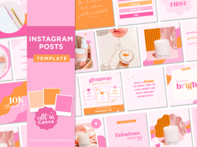 Instagram profile template bundle to style your Instagram feed! Bright pink retro Instagram post designs include a free profile mockup template.