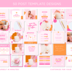 Instagram profile template bundle to style your Instagram feed! Bright pink retro Instagram post designs include a free profile mockup template.