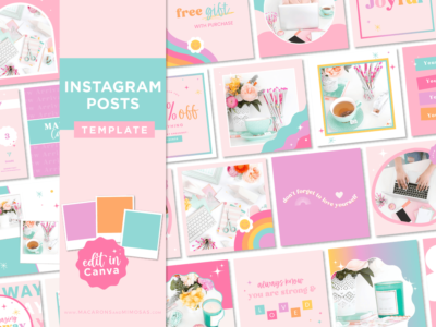 Instagram feed template bundle in a bright colorful design. These Fun rainbow templates are editable in Canva for your Instagram Business.