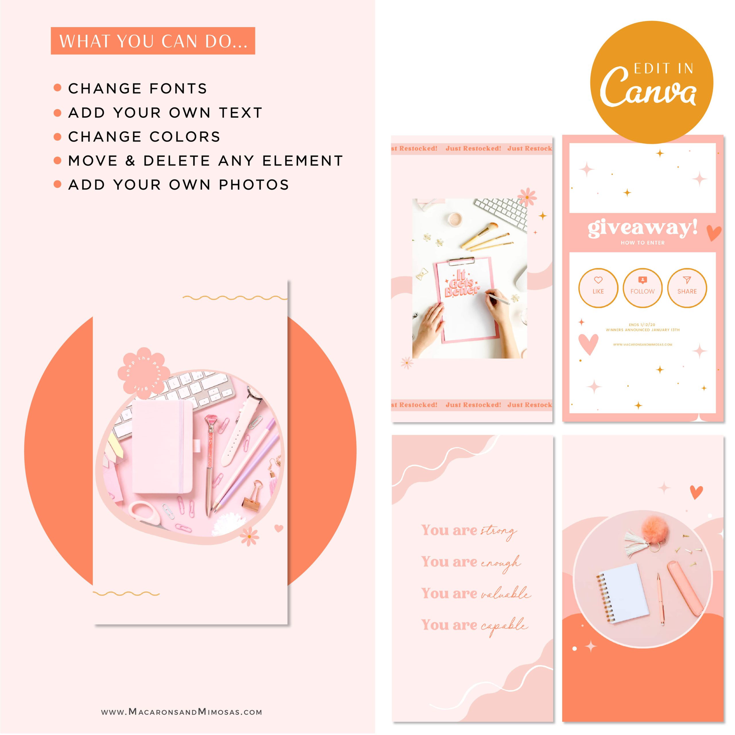Instagram Story Templates Canva, Boho Creative Quotes for Instagram, Pink Engagement Blogger, Beauty Coach Affirmation Business Bundle