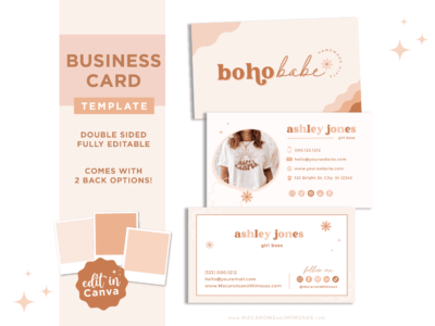 Neutral floral boho Business Card editable in Canva, DIY customized bright boho card design for small business with logo and photos