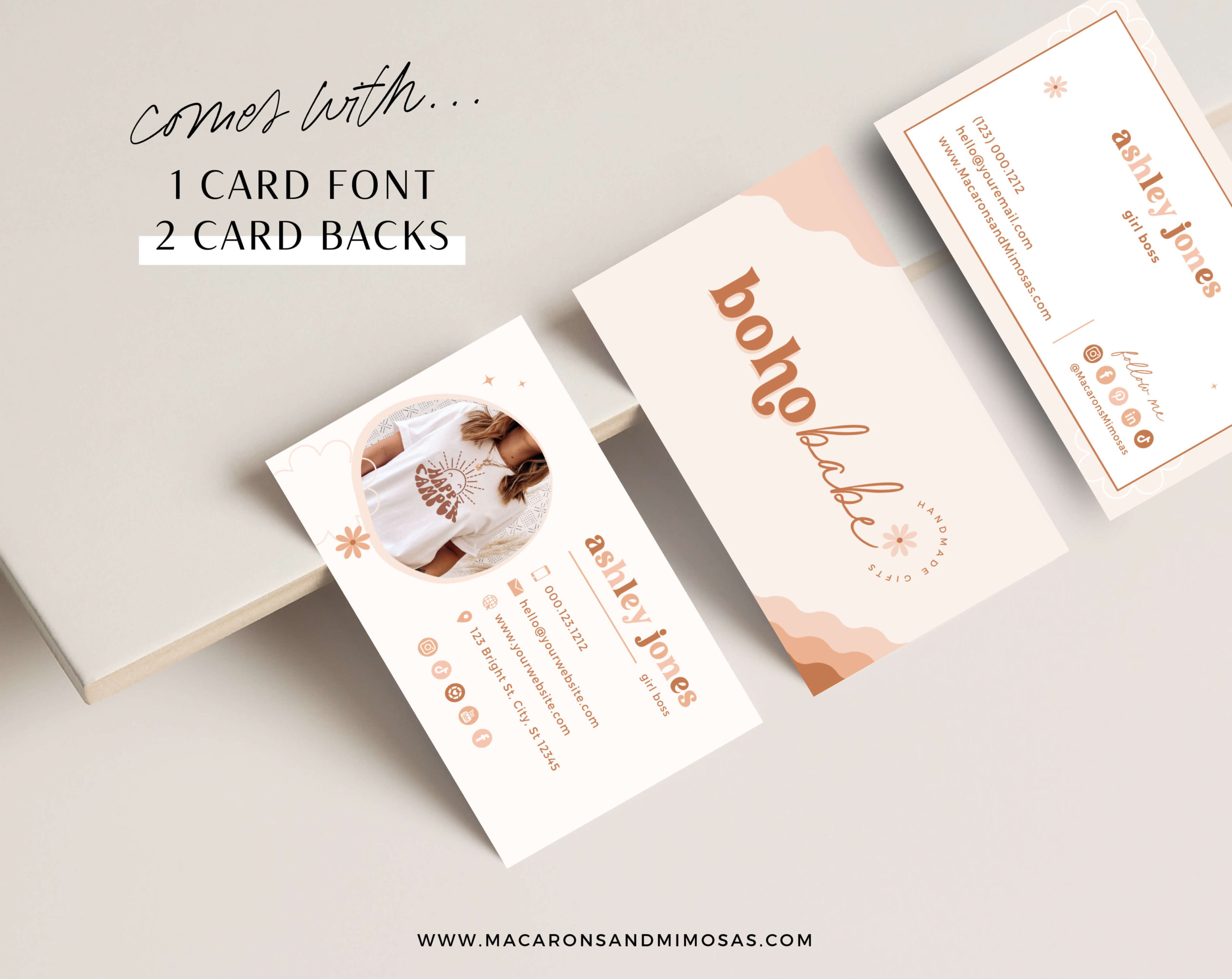 Neutral floral boho Business Card editable in Canva, DIY customized bright boho card design for small business with logo and photos