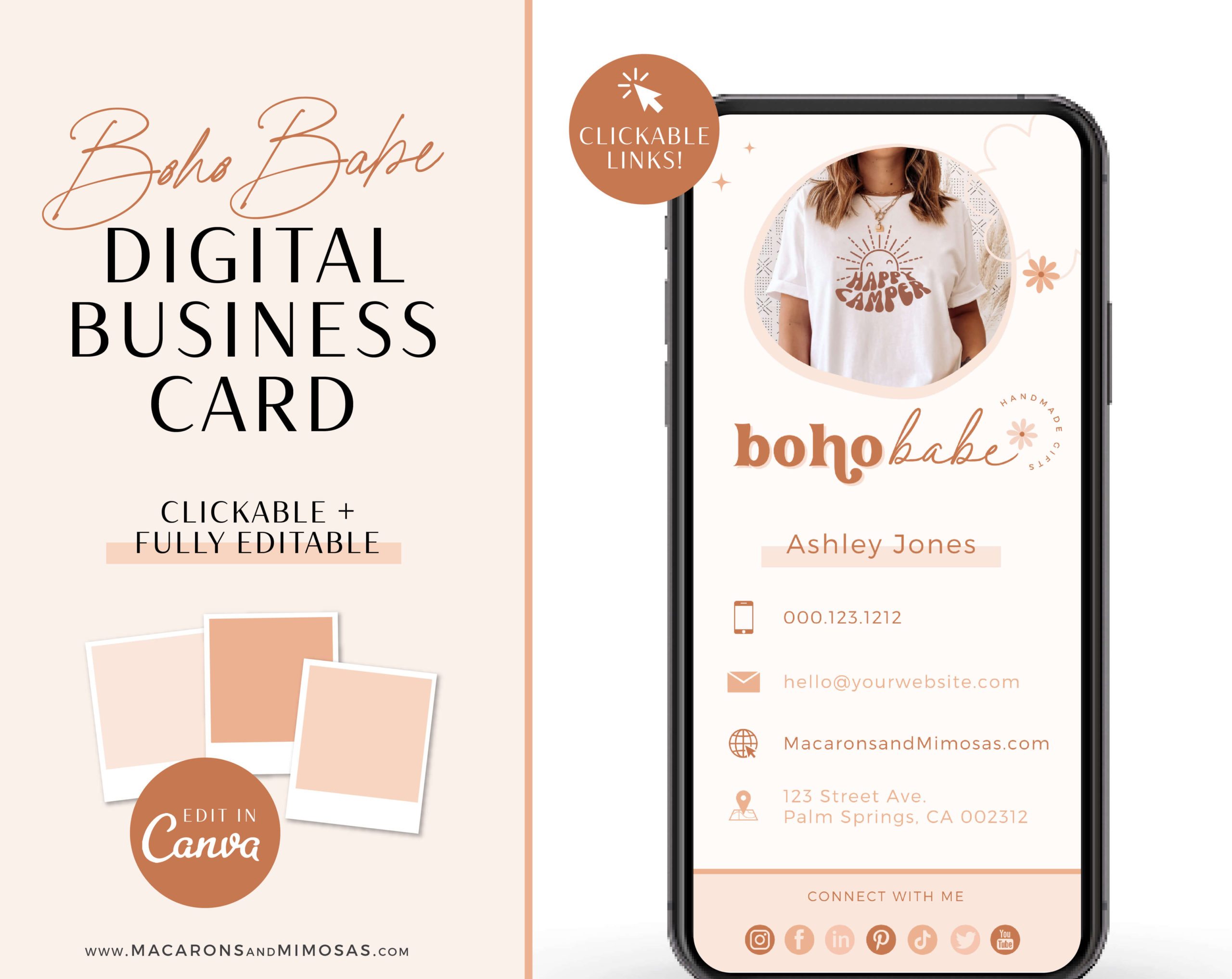 Neutral Floral boho digital business card editable in Canva, DIY customized bright boho card design for small business with logo and photos