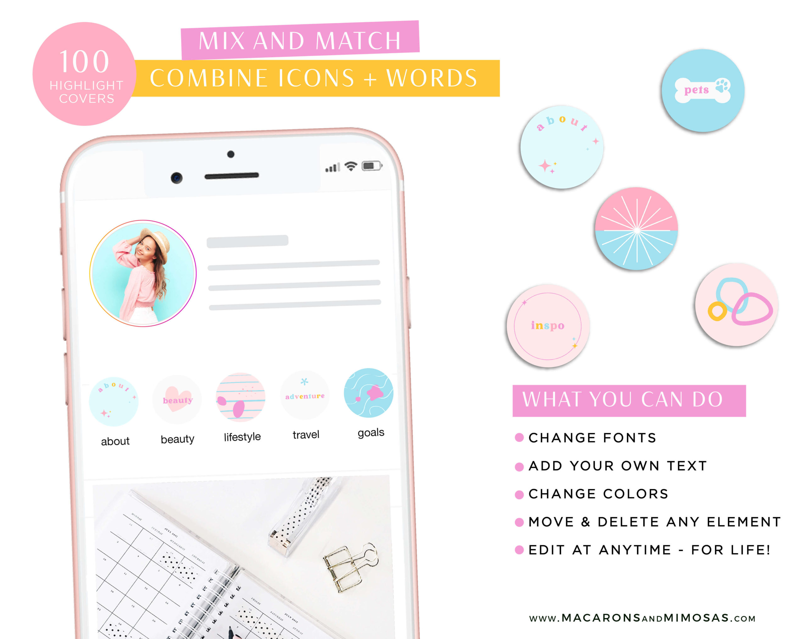 Instagram highlights bright pastel boho, Editable Retro Covers for Instagram Stories, Colorful IG Highlight Covers, Canva Instagram Highlight Icons Pack