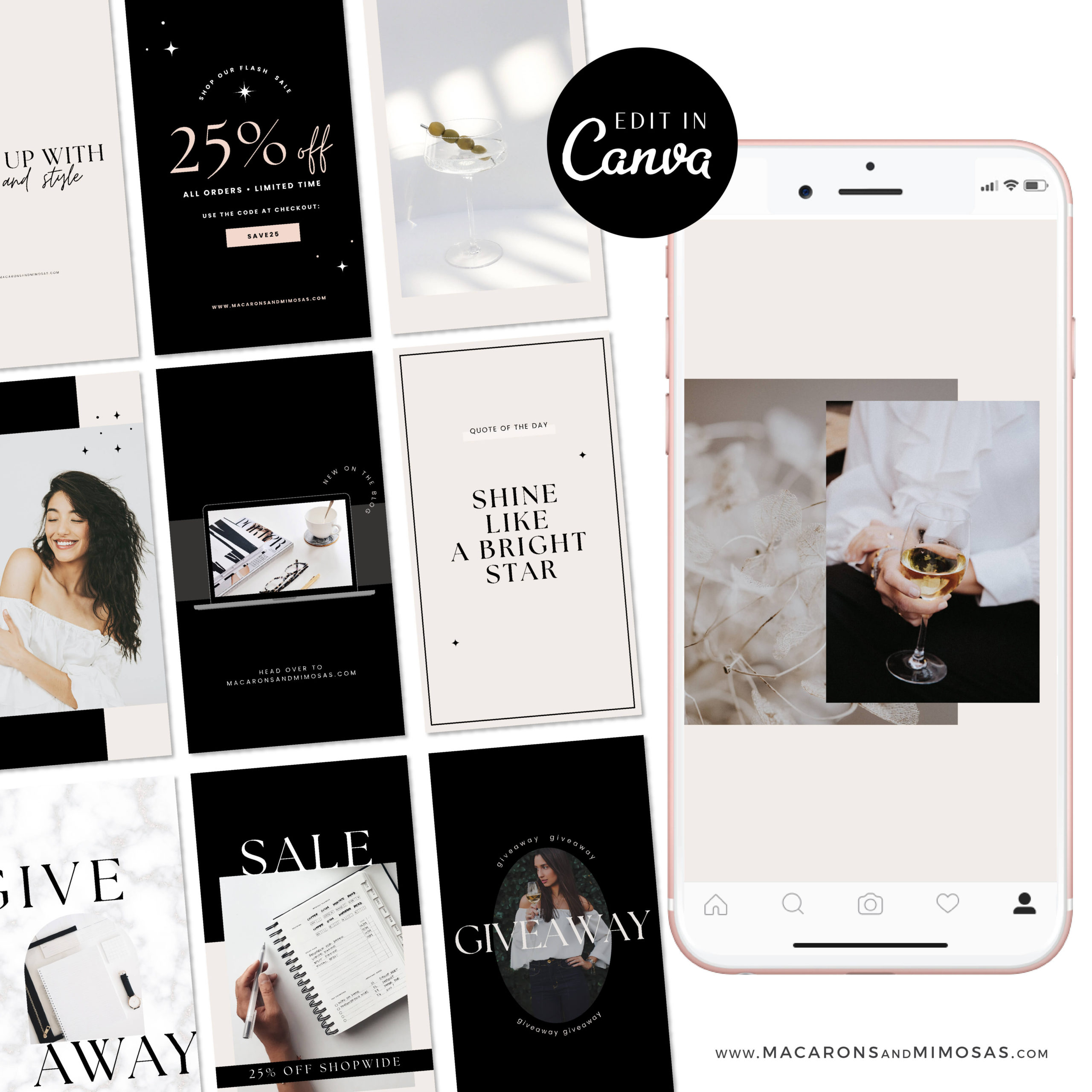 Minimalist Luxe Instagram Story Templates for Canva, Modern Black White Instagram for Stories and Posts, Beauty Templates for Instagram Reels