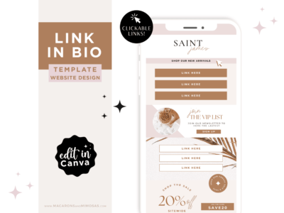 Aesthetic bio template in neutral boho chic color vibes! One-page website for an Instagram link in bio or even TikTok... ditch Linktr.ee for custom bios.