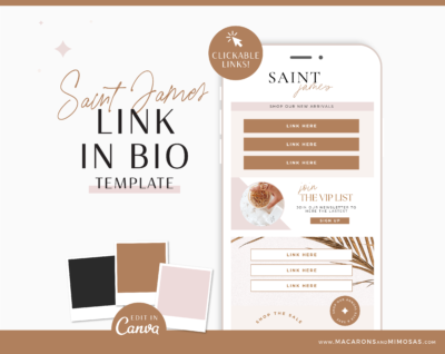 Neutral Link in Bio Template page editable in Canva with clickable links, pink brown boho digital business card Linktr.ee design
