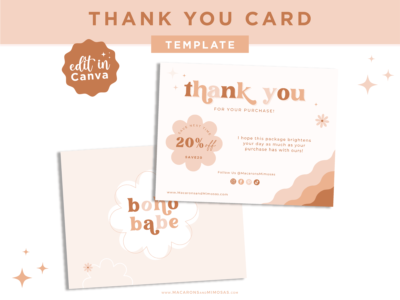 Pink Boho Thank You Card Template, Customizable fun and neutral Packaging Insert Card, DIY Aesthetic Discount Coupon Thank You design