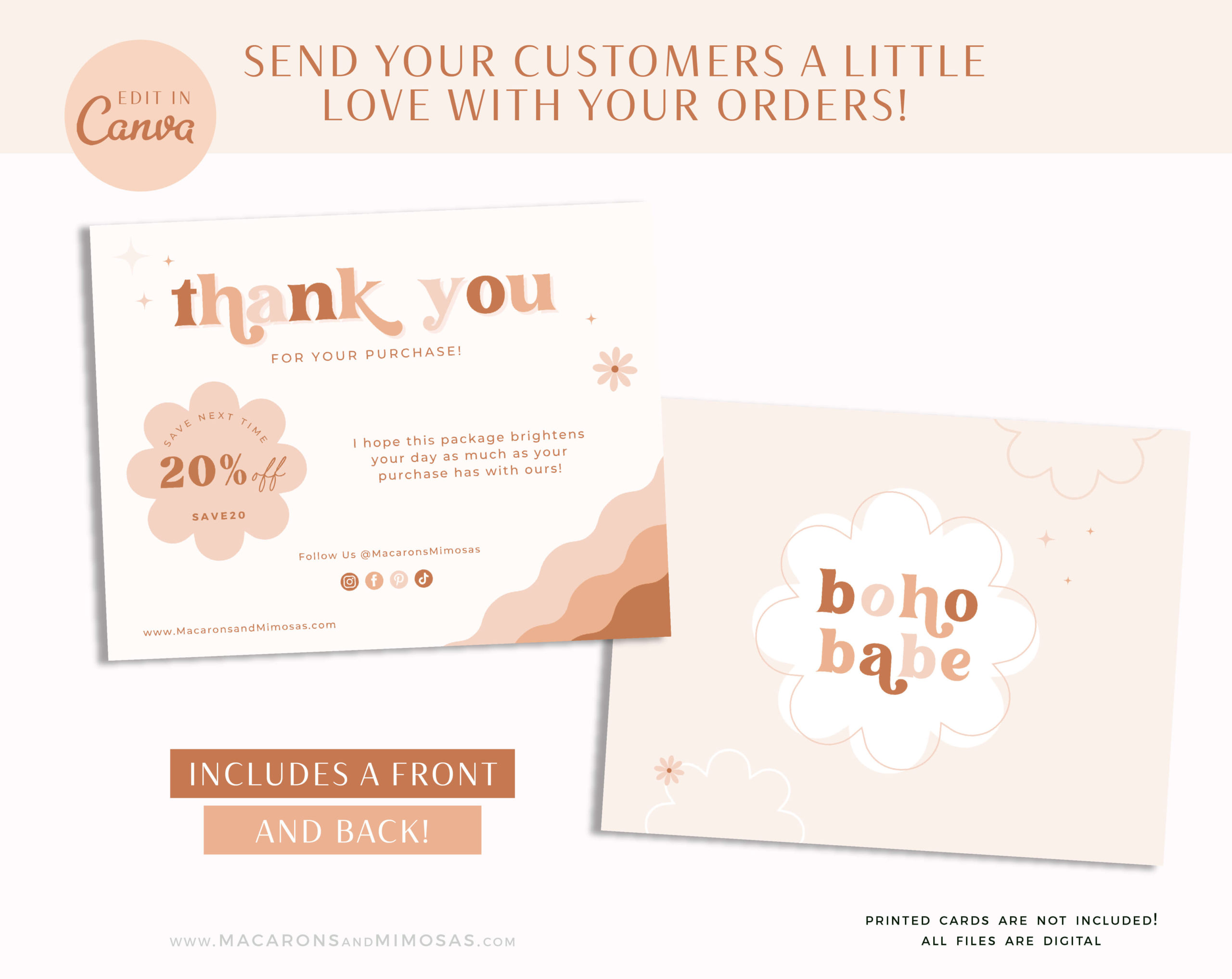 Pink Boho Thank You Card Template, Customizable fun and neutral Packaging Insert Card, DIY Aesthetic Discount Coupon Thank You design