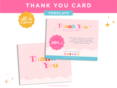 Bright Boho Thank You Card Template, Customizable Pink and Blue Packaging Insert Card, DIY Aesthetic Discount Coupon Thank You For Your Order