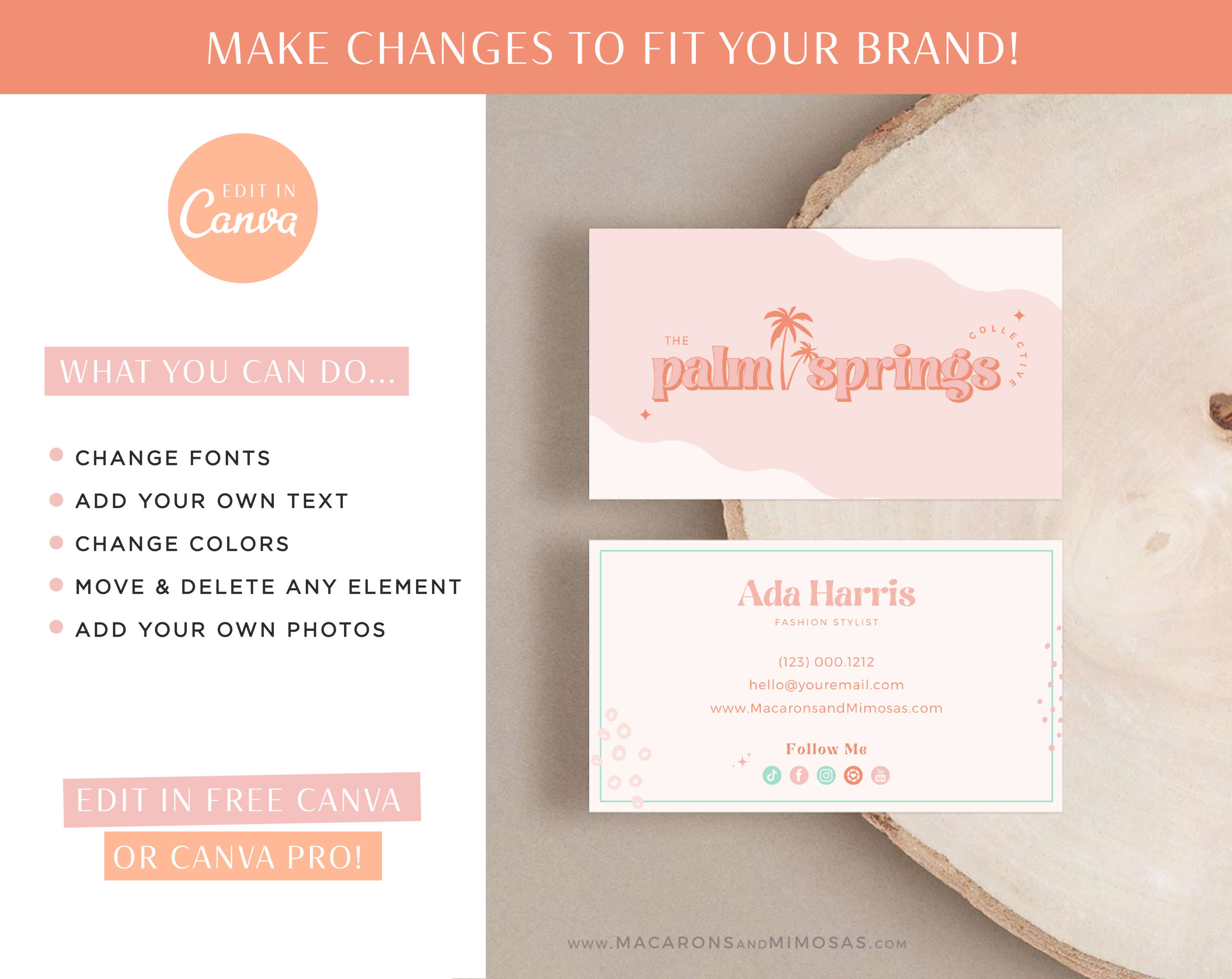 Colorful Boho Business Card Template for Canva Marketing Templates, How to create DIY Modern Boho Pink Real Estate Business Card