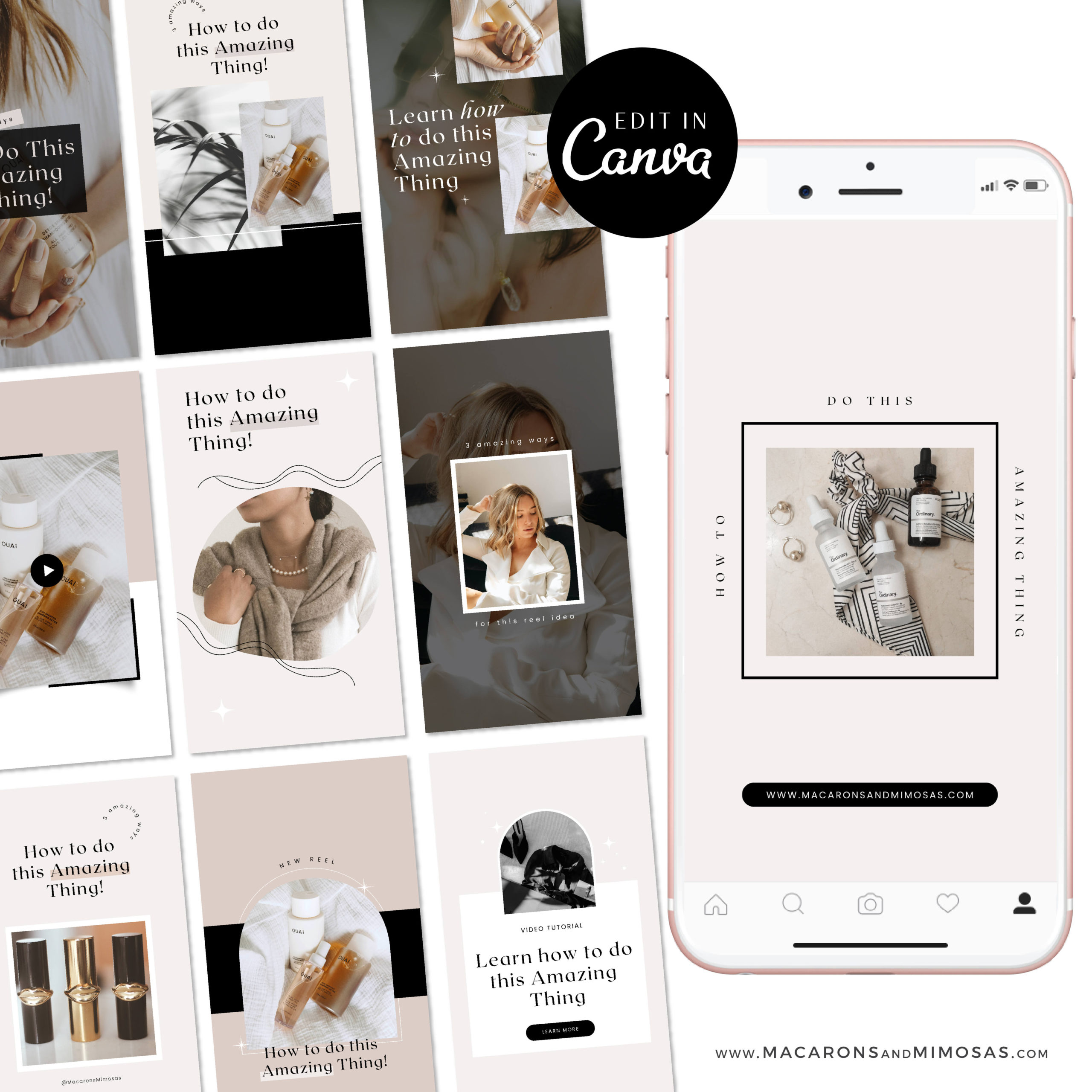 Pretty Instagram Reel Templates, Pink & Black Content Creator Reel Covers Editable in Canva, Instagram Stories, TikTok and Pinterest Bundle