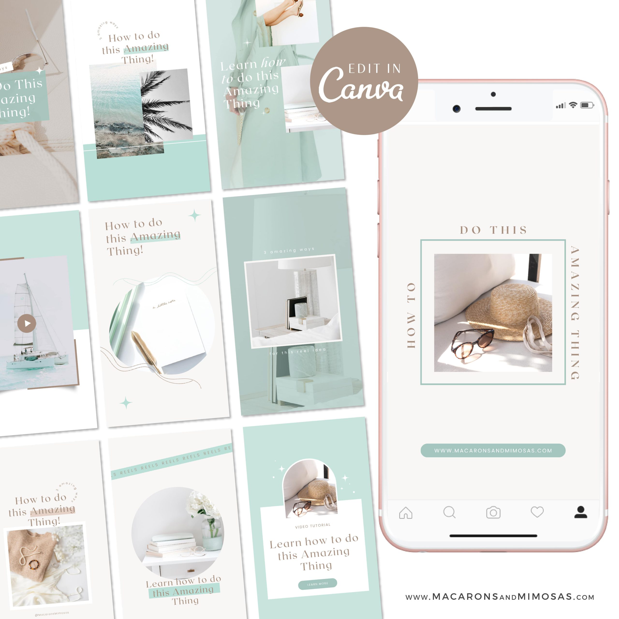 Mint Coastal Instagram Reel Templates, Teal & White Content Creator Reel Covers Editable in Canva, Instagram Stories, TikTok and Pinterest Bundle