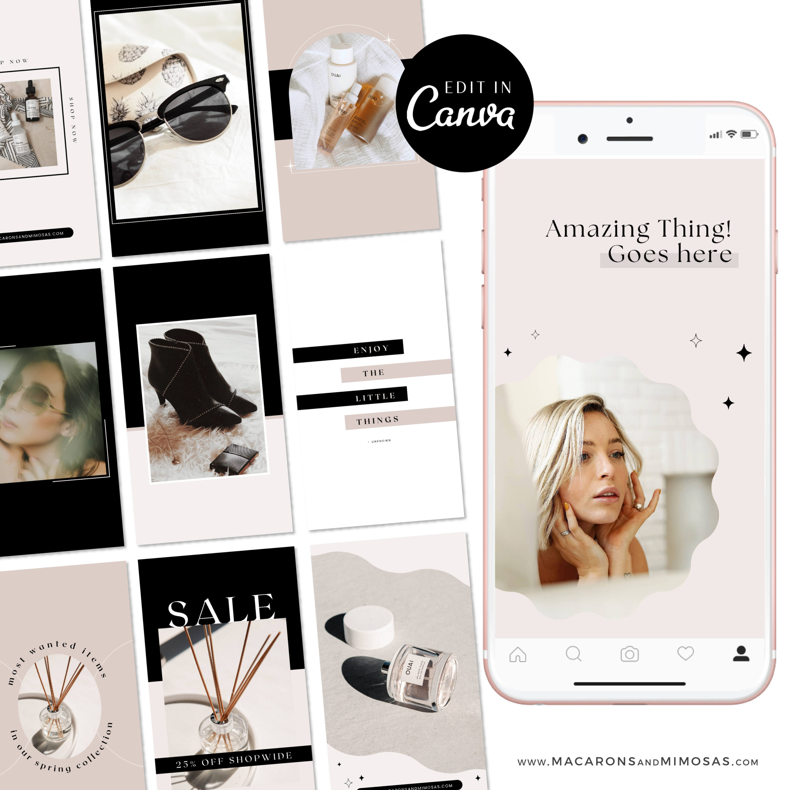 Minimalist Luxe Instagram Templates, Pink & Black Content Creator Reel Covers Editable in Canva, Instagram Stories, TikTok and Pinterest Bundle