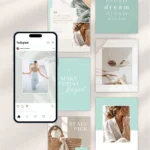 Coastal Instagram templates bundle with editable Canva post designs and aesthetic Instagram feed preview