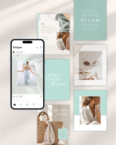 Coastal Instagram templates bundle with editable Canva post designs and aesthetic Instagram feed preview