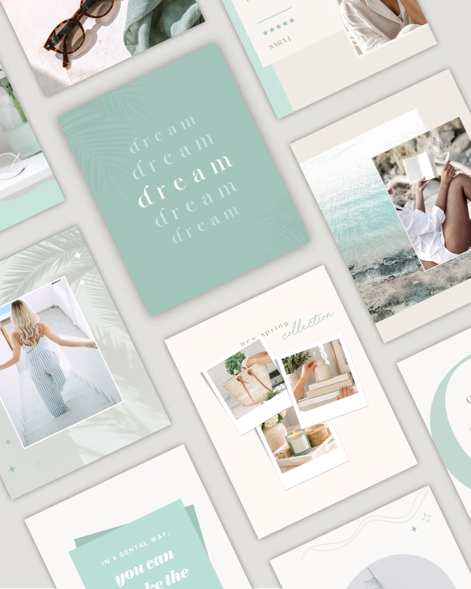 Aesthetic Canva Instagram templates featuring soft mint green colors and coastal-inspired layouts