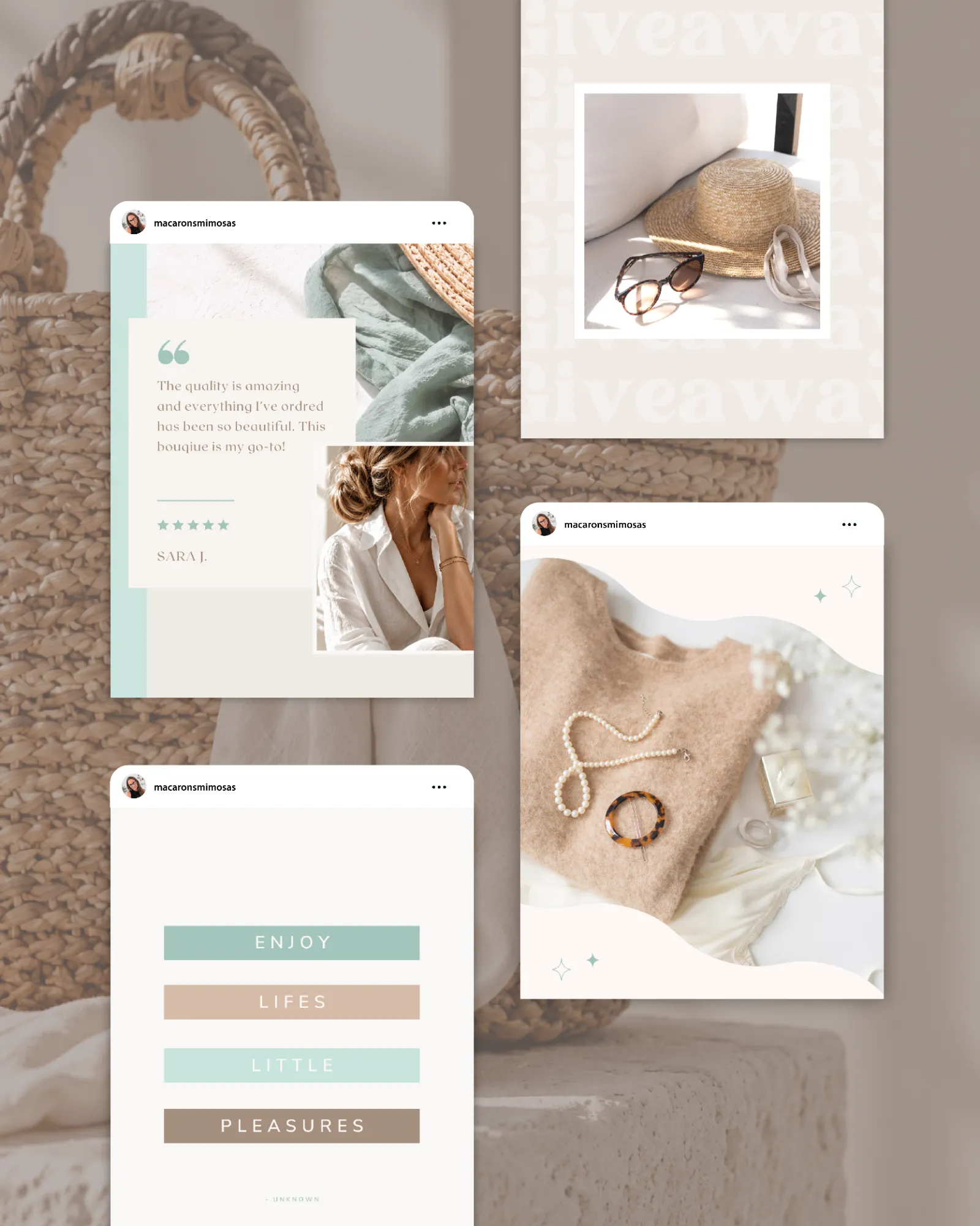 Instagram post templates for Canva featuring aesthetic quotes, lifestyle photos and promotional designs