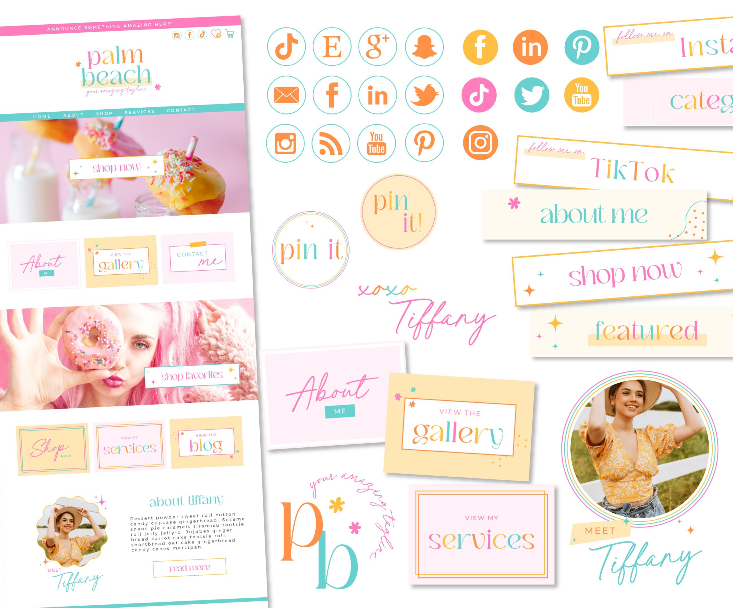 Bright Retro Ultimate Web Kit, Website Kit Template, Wordpress, Wix, Shopify also includes a blog and logo set. Colorful Boho Websites Buttons and Graphics