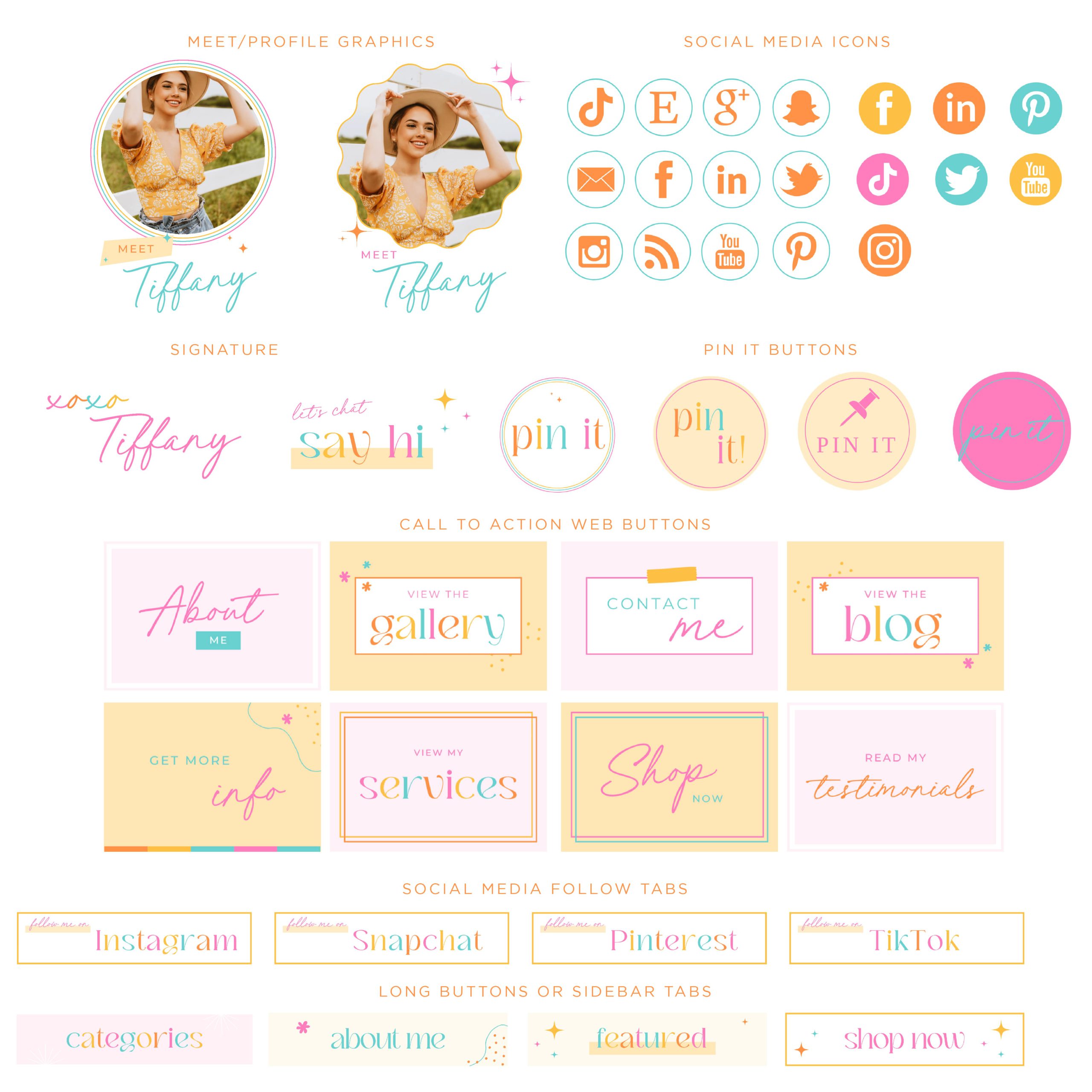 Bright Retro Ultimate Web Kit, Website Kit Template, Wordpress, Wix, Shopify also includes a blog and logo set. Colorful Boho Websites Buttons and Graphics