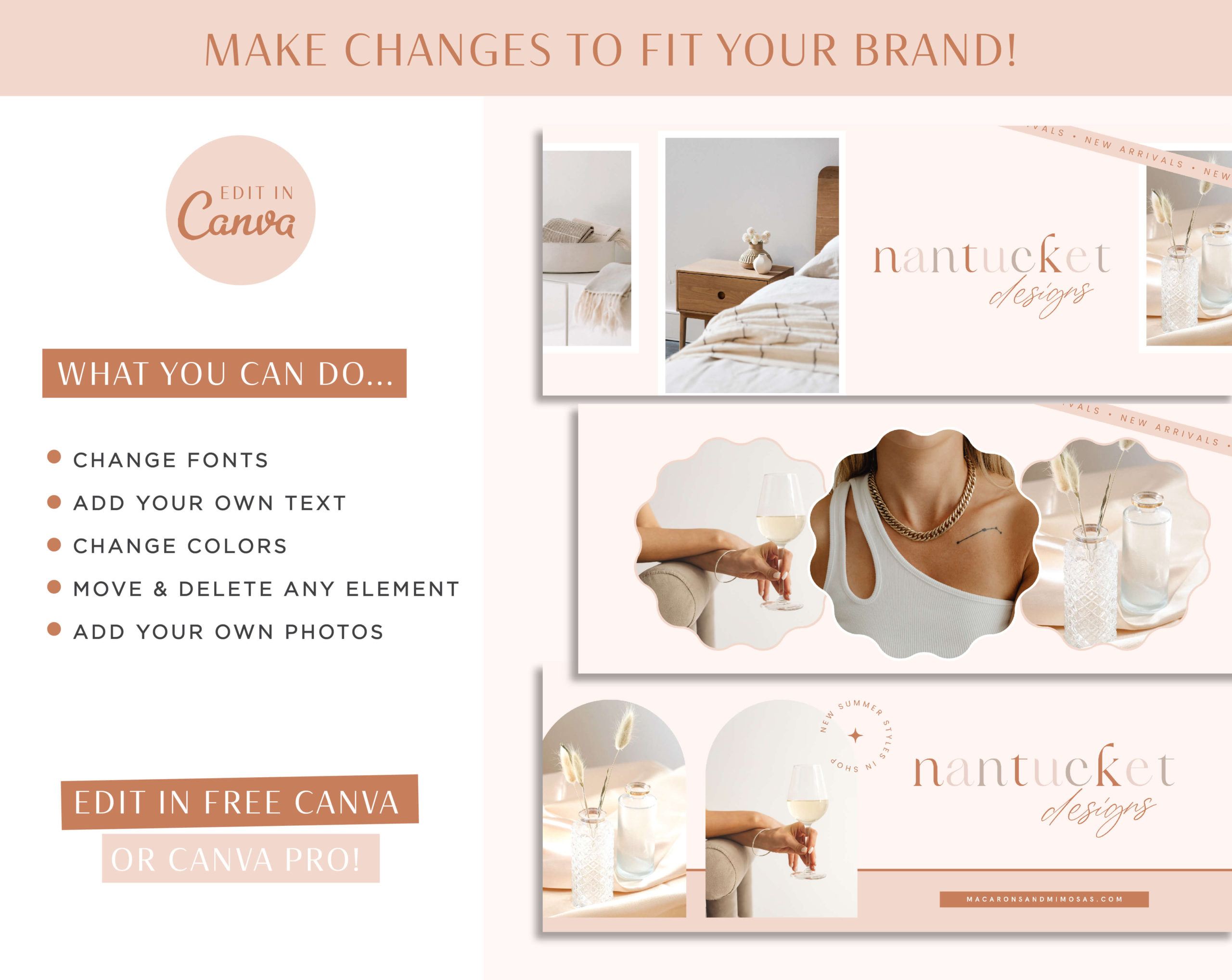 Pink beige Boho Facebook Banner Set editable in Canva, DIY Customizable Facebook Cover Design for Social Media Template with Logo Brand