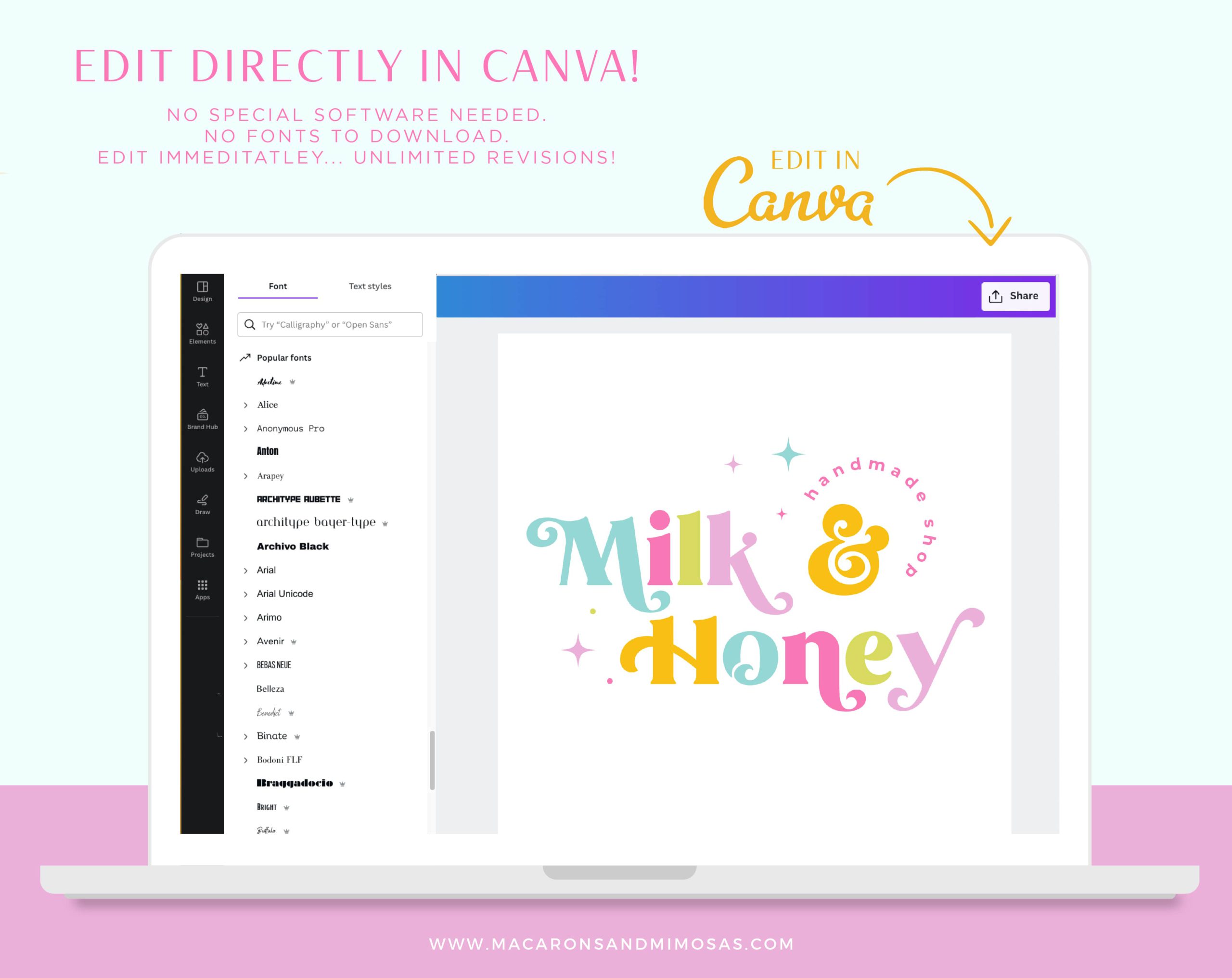 DIY Colorful Retro Canva Logo Template Kit with Semi Custom colorful logo Brand Board template, Rose gold Stock Photos suggestions, and more! 