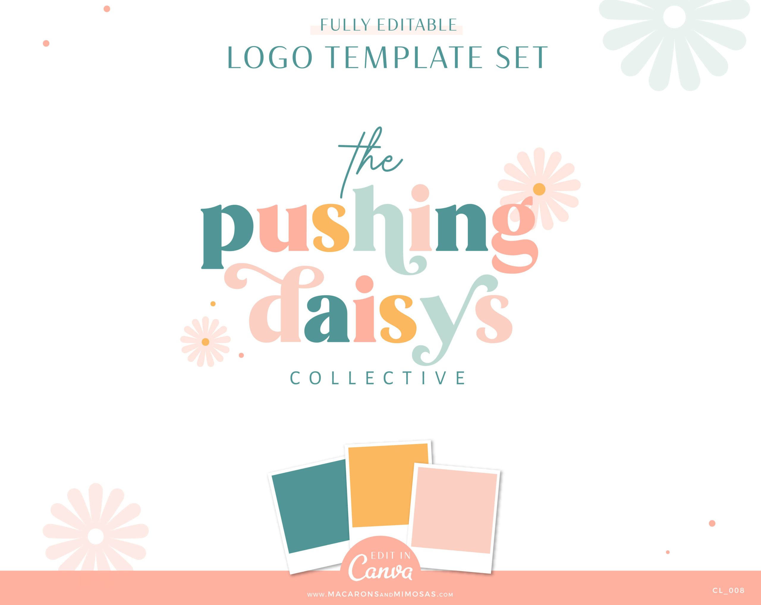 DIY Daisy Logo Design Canva Template with Custom Pink Flower colorful logo Brand Board template, Boho Stock Photos suggestions, and more! 