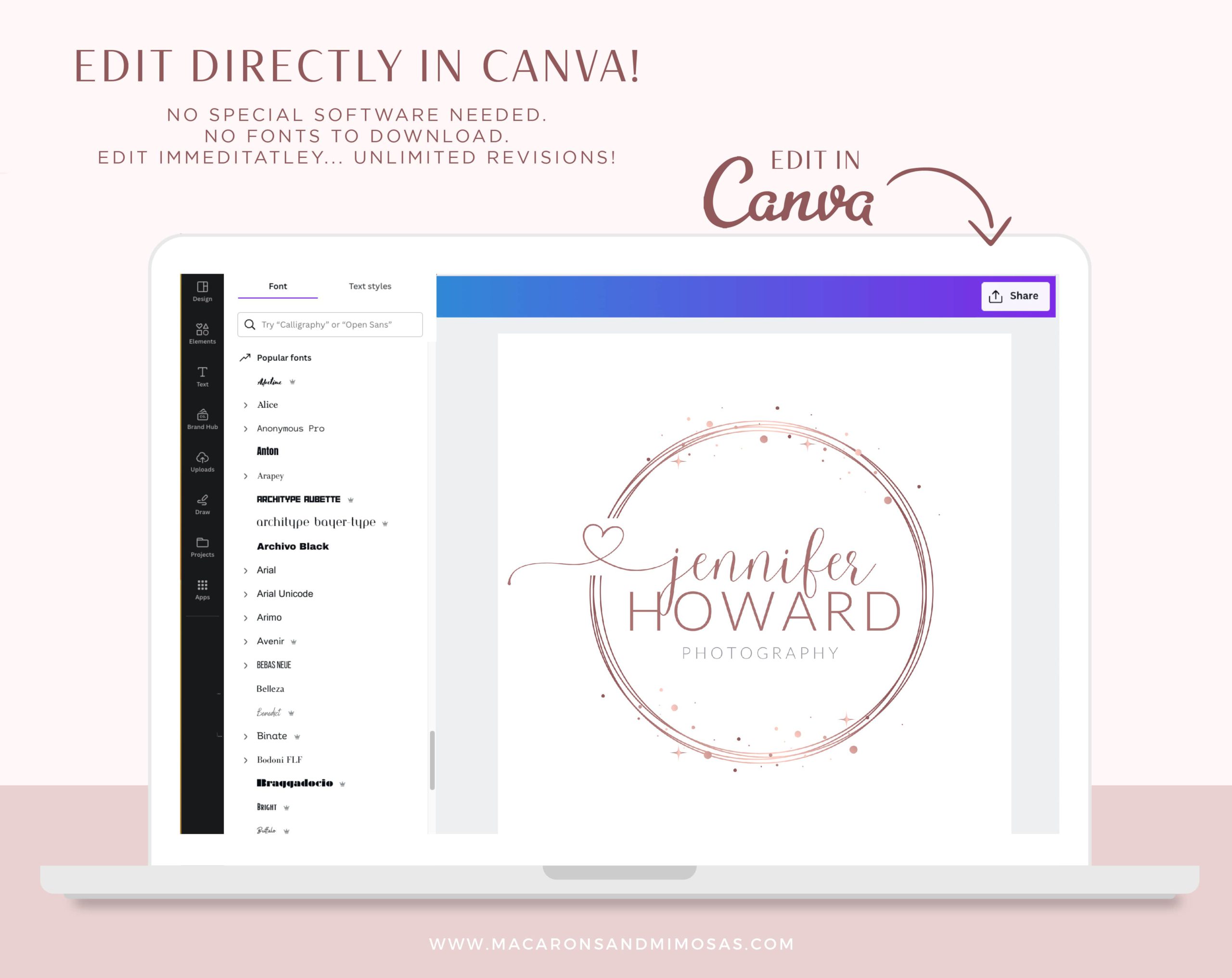 Rose Gold Canva Logo Template Kit includes Semi Custom logo Star Brand Board template, Rose gold Stock Photos suggestions, and more! 