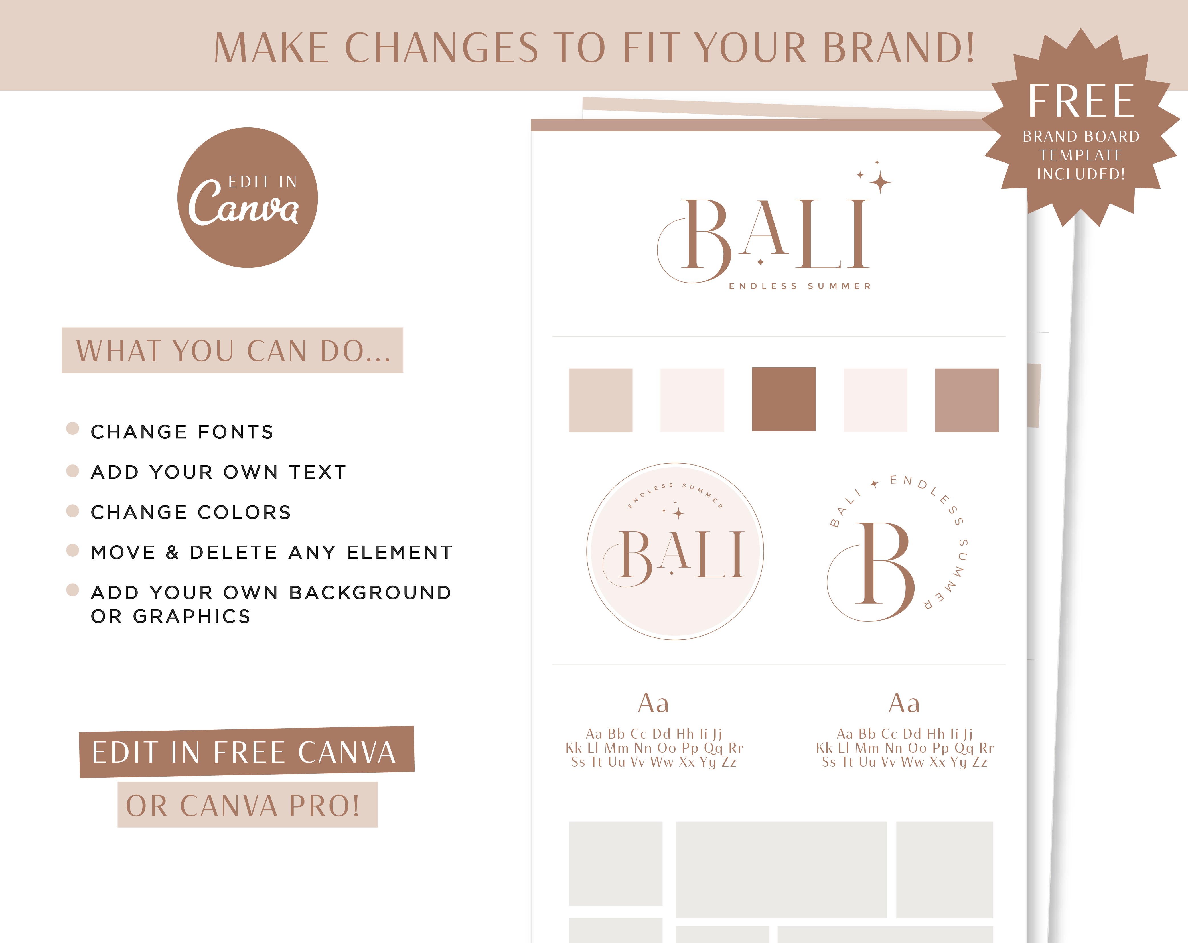 Boho Canva Font Logo Template Kit includes one Main Logo, a Secondary Logo, a Brand Board template, Curated Stock Photos, and more! 