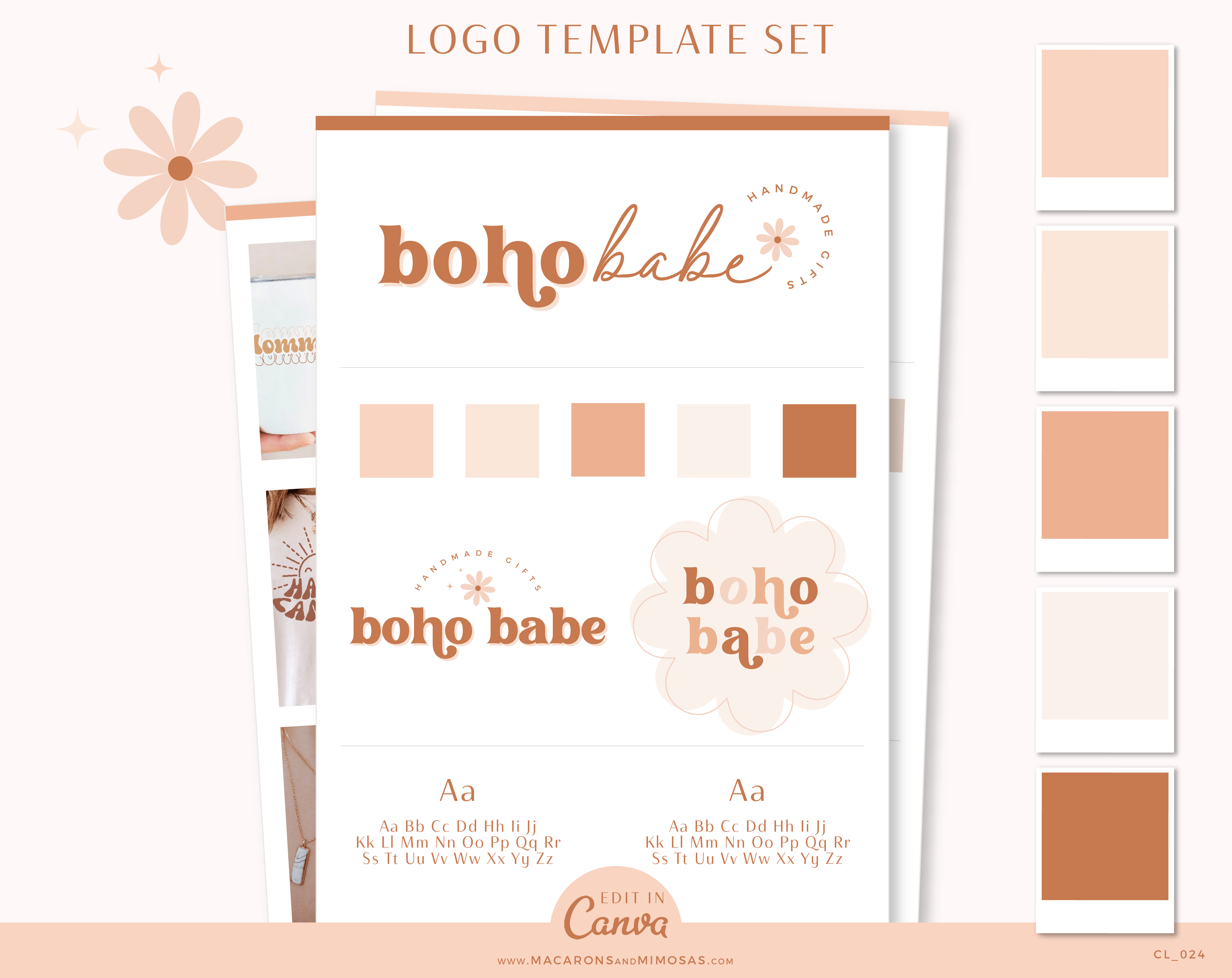 Boho Canva Logo Template Kit includes one Main Logo, a Secondary Logo, a Brand Board template, Curated Stock Photos suggestions, and more! 