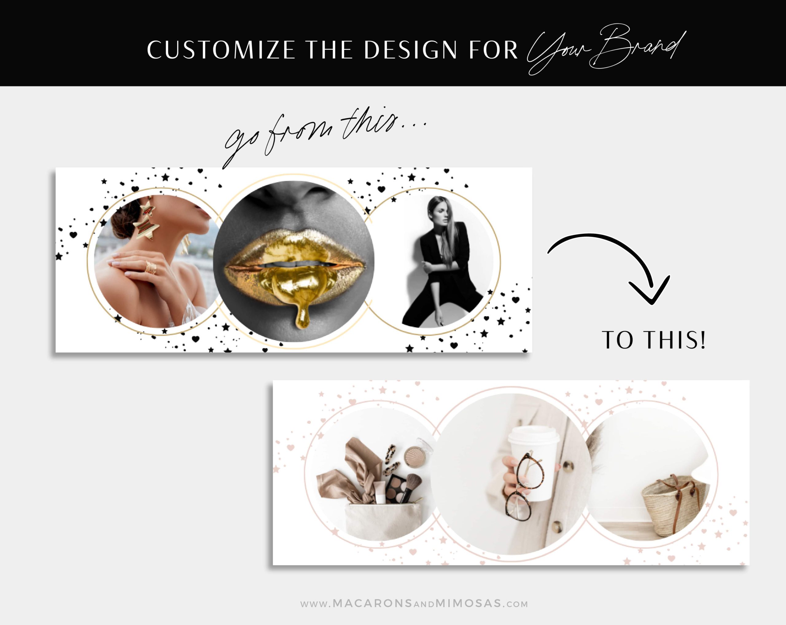 Gold Star Facebook Banner Template in chic feminine black and metallic gold. Editable in Canva, DIY Facebook Templates for Canva edit to fit your brand!