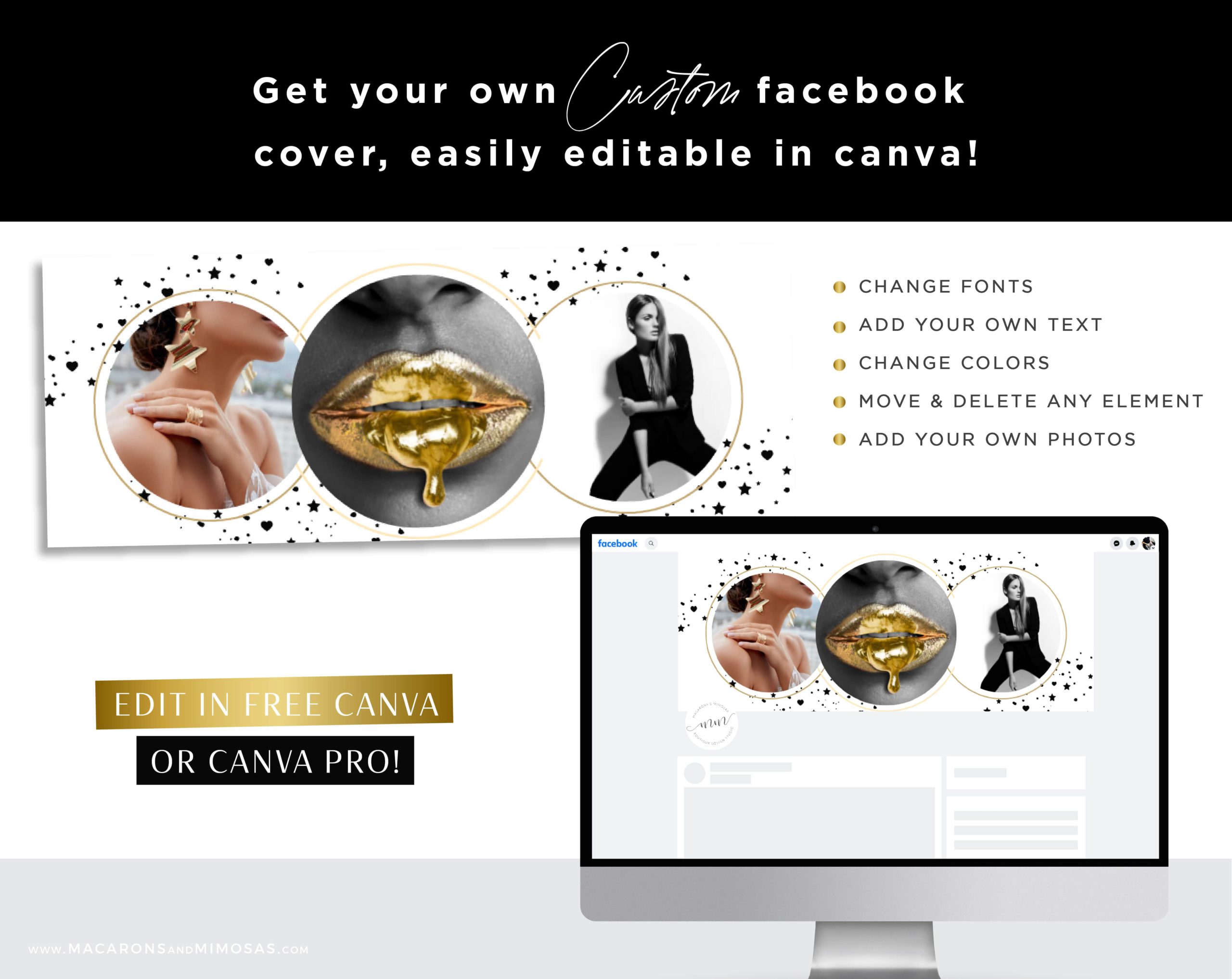 Metallic Gold Heart & Star Facebook Banner Template in chic feminine black and metallic gold. Editable in Canva, DIY Facebook Templates for Canva edit to fit your brand!