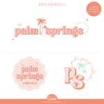 Palm Tree Canva Logo Template Kit in a Boho Aesthetic. Pink and Orange editable logo set and Free Brand Board for Canva DIY branding.