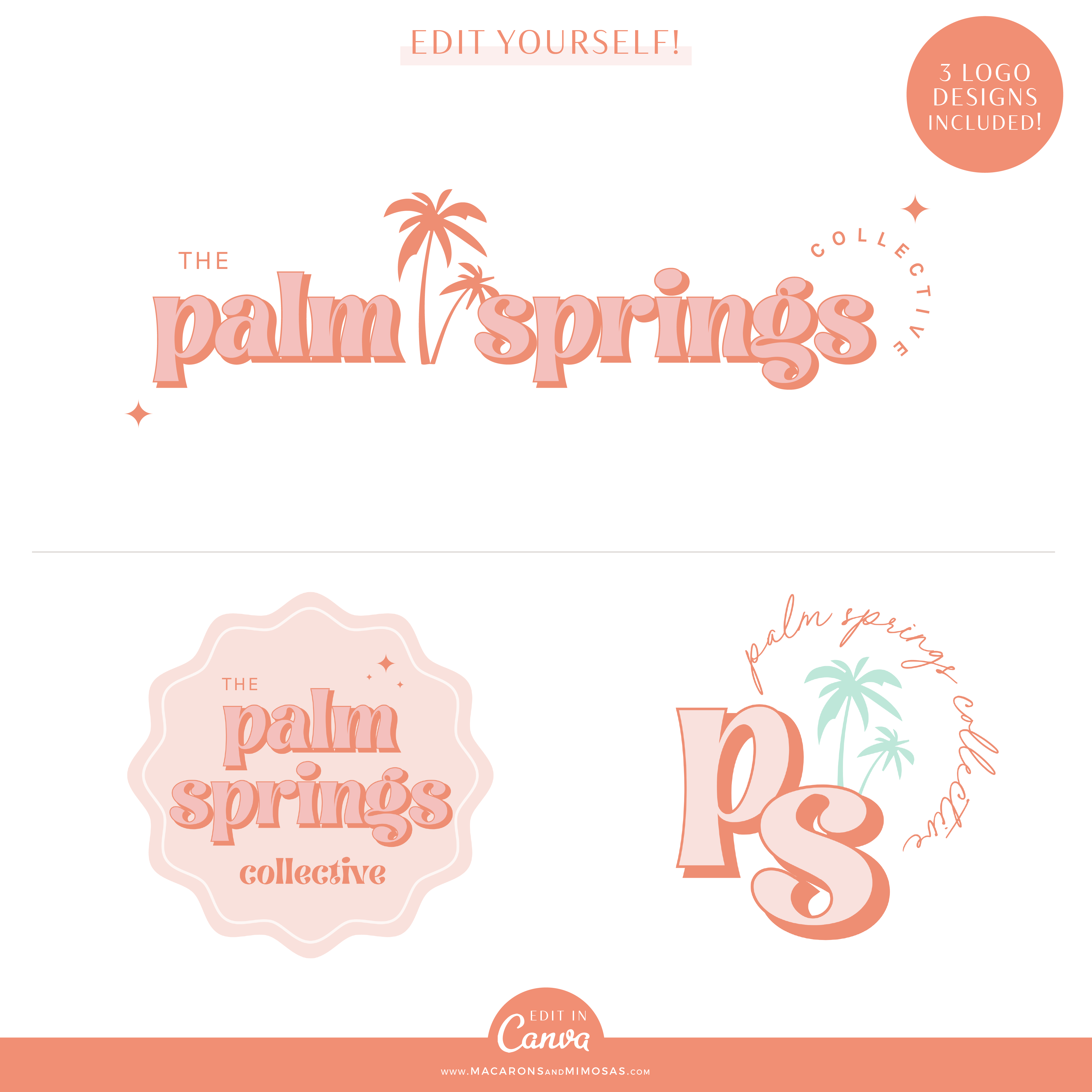 Palm Tree Canva Logo Template Kit in a Boho Aesthetic. Pink and Orange editable logo set and Free Brand Board for Canva DIY branding.