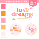 DIY Pink Boho Canva Logo Template Kit with Semi Custom retro flower logo, Free Brand Board template, Boho Stock Photo suggestions, and more! 