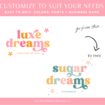 DIY Pink Boho Canva Logo Template Kit with Semi Custom retro flower logo, Free Brand Board template, Boho Stock Photo suggestions, and more! 