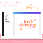 DIY Pink Boho Canva Logo Template Kit with Semi Custom retro flower logo, Free Brand Board template, Boho Stock Photo suggestions, and more! 
