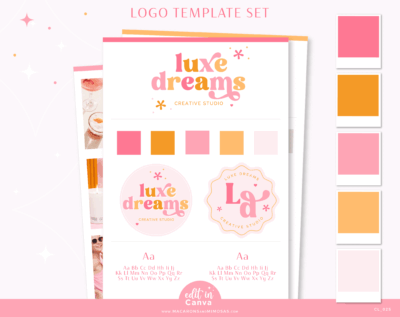 DIY Pink Boho Canva Logo Template Kit with Semi Custom retro flower logo, Free Brand Board template, Boho Stock Photo suggestions, and more! 