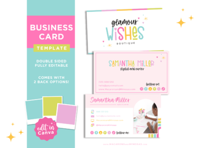 Rainbow Retro Editable Business Card Template edit in Canva. Retro DIY business logo with stars and hearts in a bright colorful design.