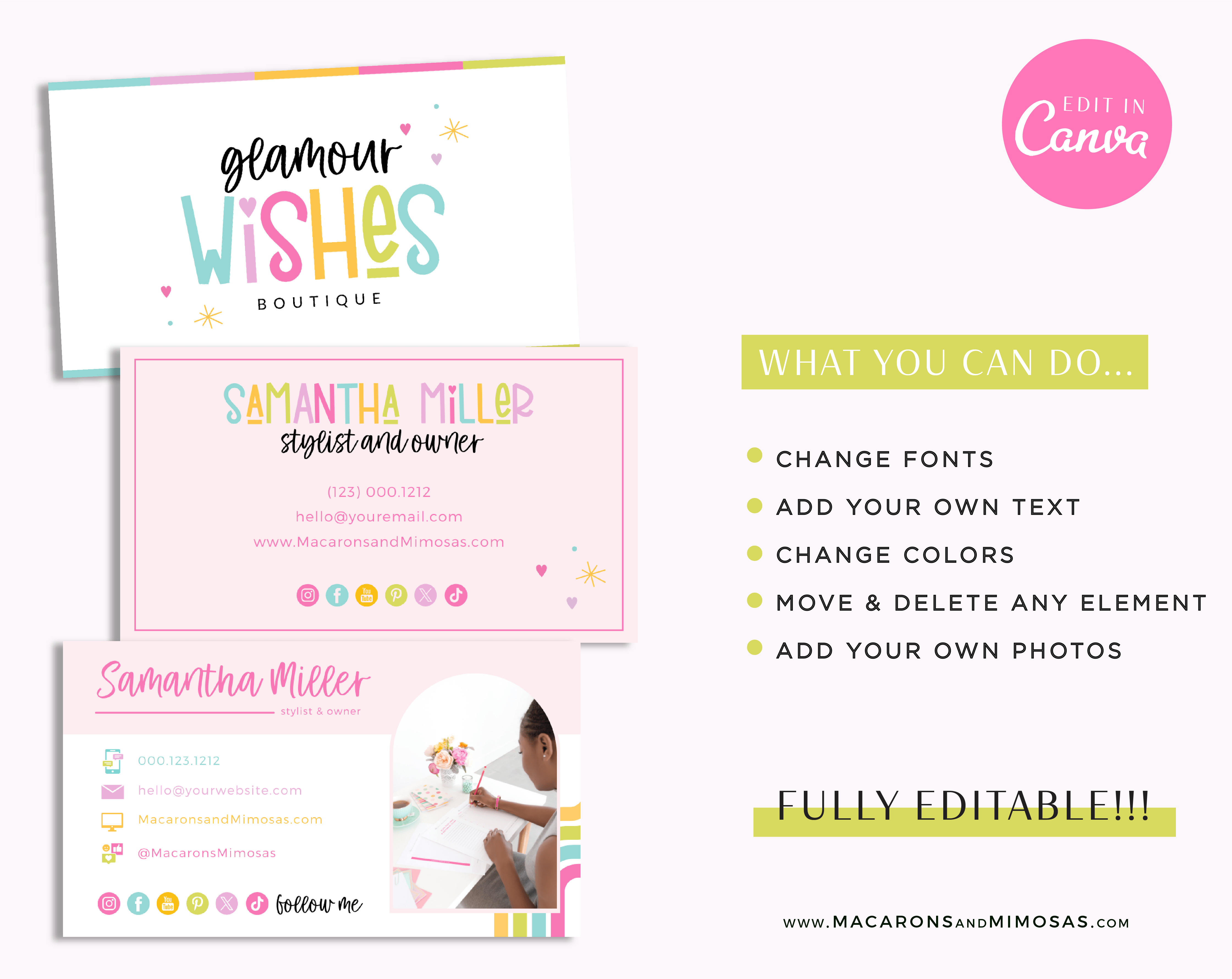 Rainbow Retro Editable Business Card Template edit in Canva. Retro DIY business logo with stars and hearts in a bright colorful design.