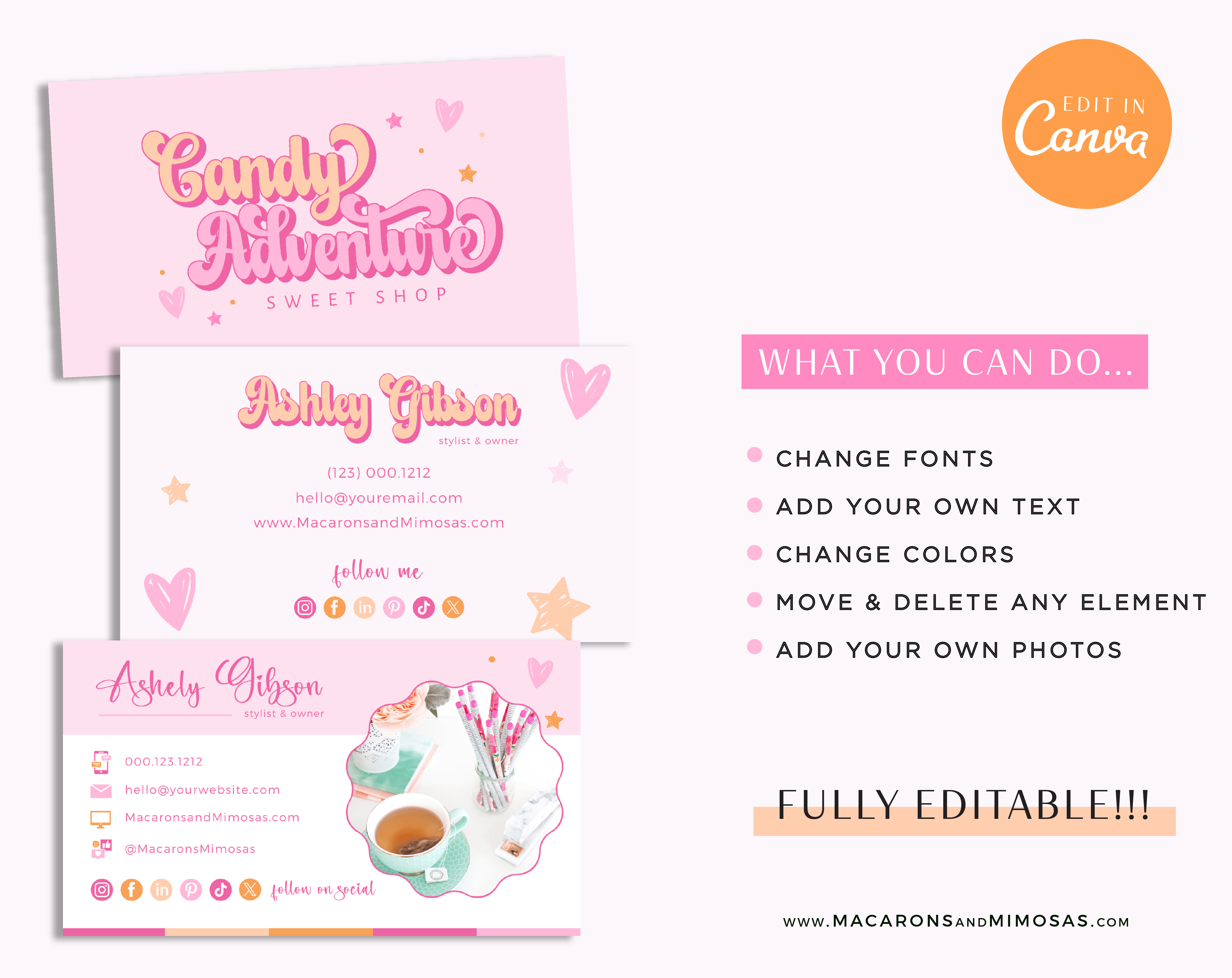 Rainbow Business Card Canva Template. DIY bright boho card design features hears, stars and a retro bubble font combination.