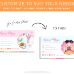 Rainbow Business Card Canva Template. Customize this DIY bright boho card design for your small business with bubble logo font and your photo.