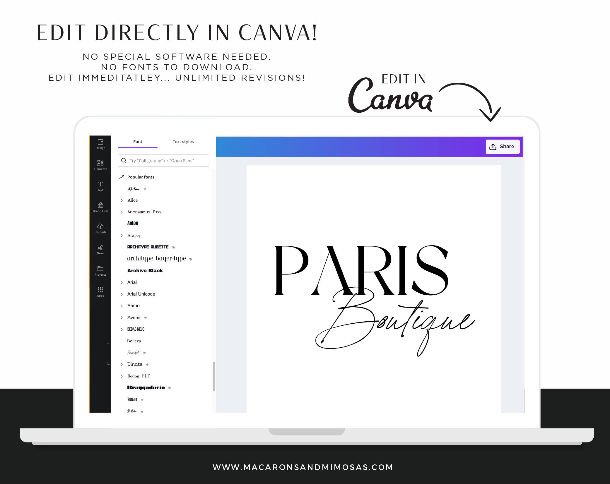 This Canva logo designer Template is an editable modern whimsical design and branding kit file - that includes free commercial fonts to use.