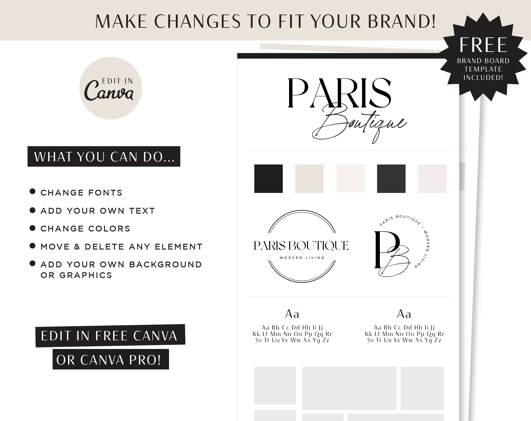 This Canva logo designer Template is an editable modern whimsical design and free board board file and free commercial fonts to use.