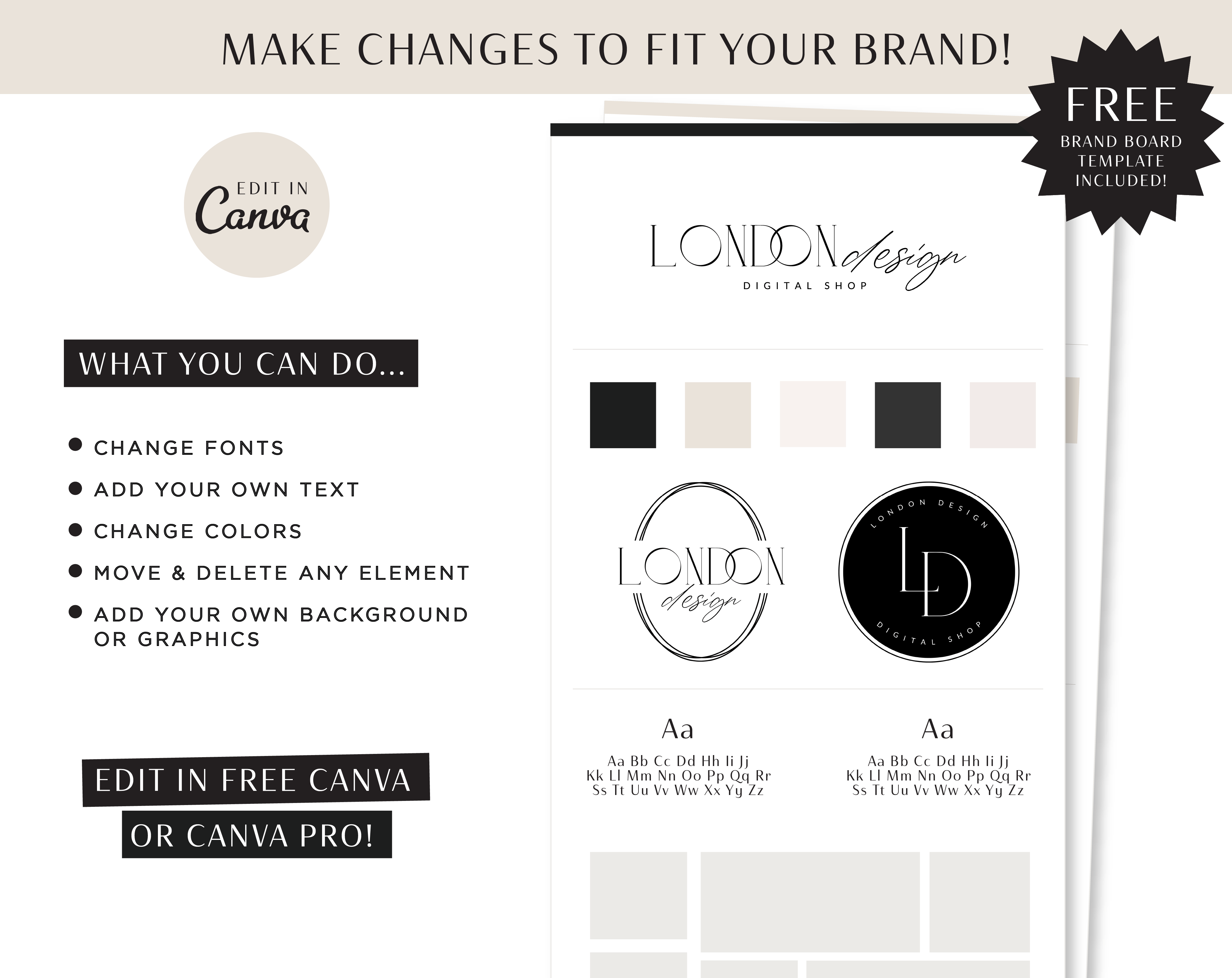 This boutique logo Brand Design includes 3 logos to DIY and edit in canva. Luxe Minimal Black and white design with FREE brand board included.