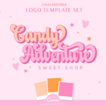 Pink retro logo Template edit in Canva. Cute bubble font for logo design DIY a colorful logo Brand Board template for your small business.