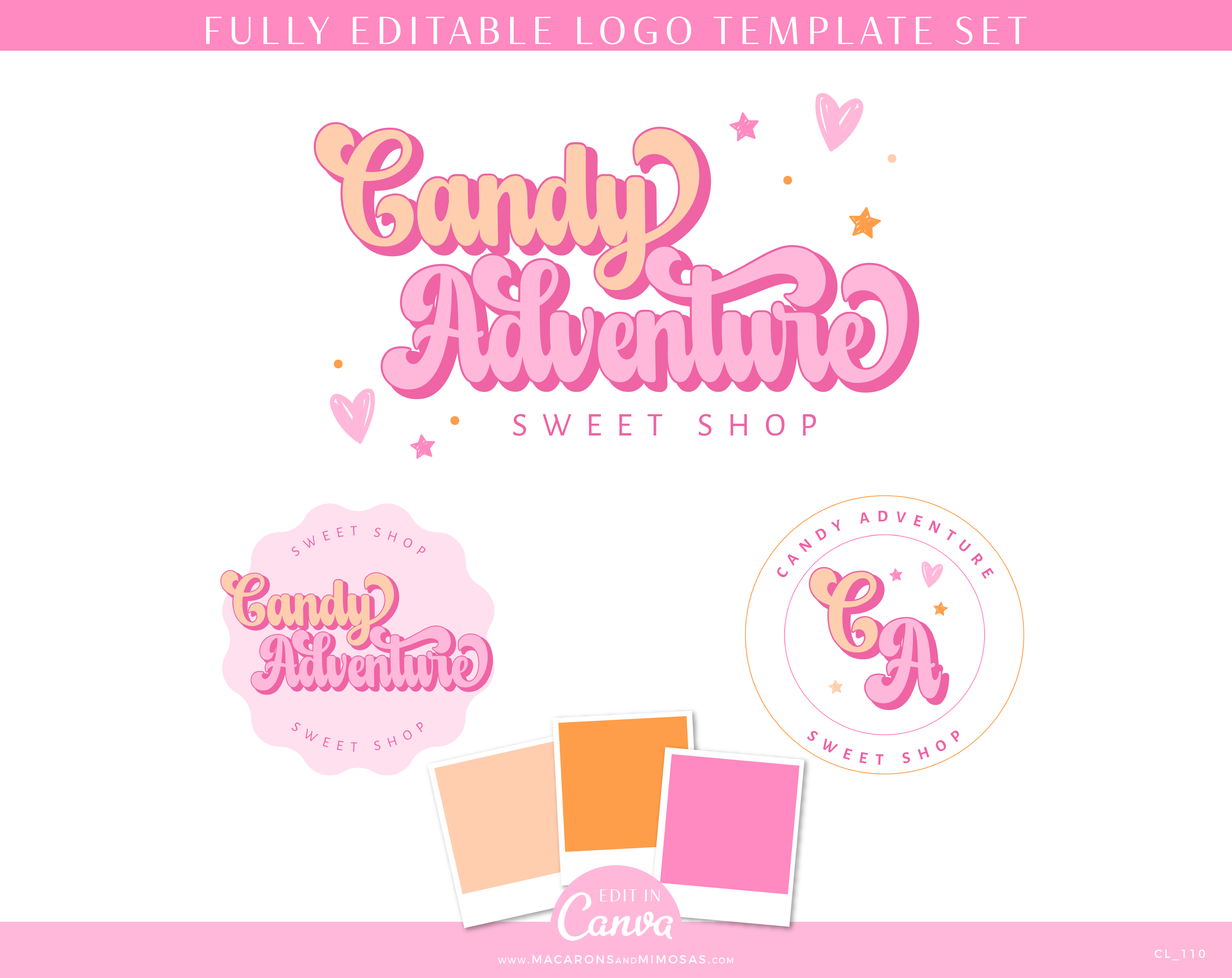 Pink retro logo Template edit in Canva. Cute bubble font for logo design DIY a colorful logo Brand Board template for your small business.
